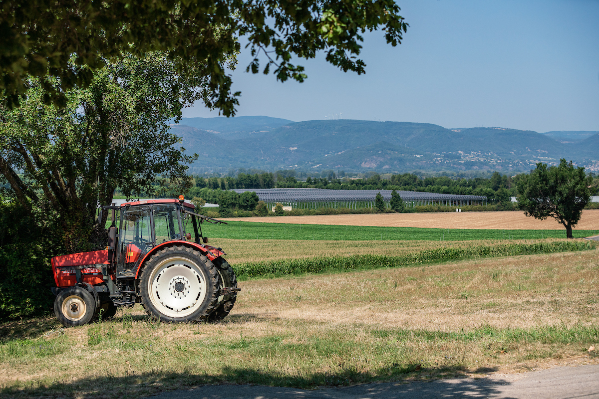 Vue de loin de l'installation agrivoltaïque de la SEFRA à Etoile-Sur-Rhône