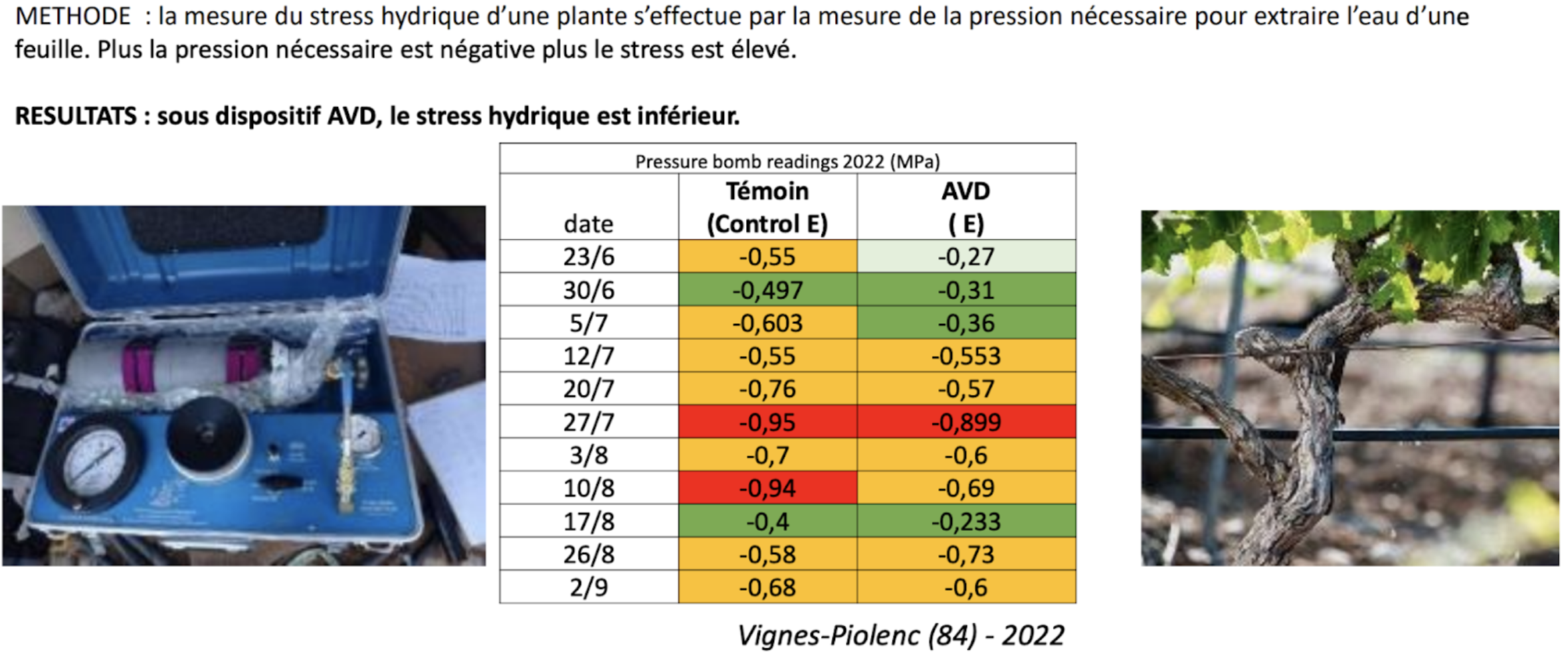 Comparaison du stress hydrique mesuré sur des vignes protégées par l'agrivoltaïsme de Sun'Agri et des vignes sans protection