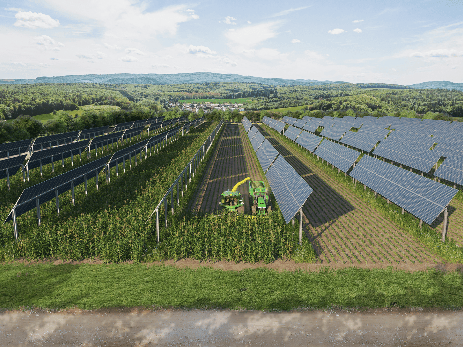 Vue drône d'une installation agrivoltaïque sur grande culture. Photomontage.